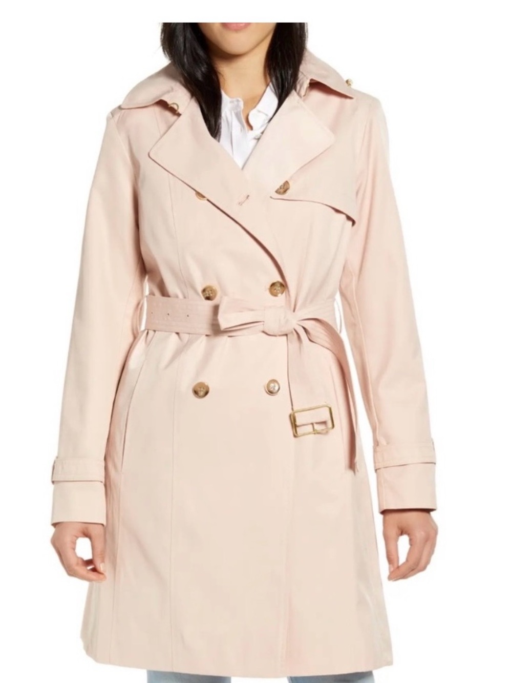 ๐ COLE HAAN Blush Pink Trench Coat with Belt & Removable hood. LIKE NEW Large - Picture 2 of 10